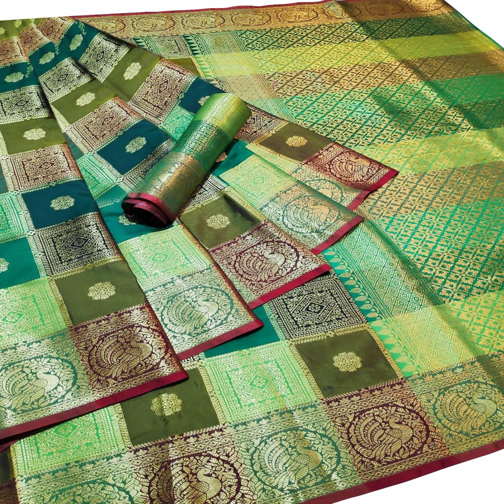 Intricate Multi-Green Colored Festive Wear Woven Silk Saree