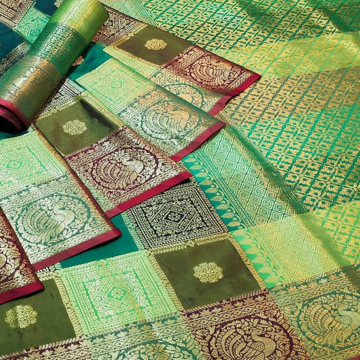 Intricate Multi-Green Colored Festive Wear Woven Silk Saree