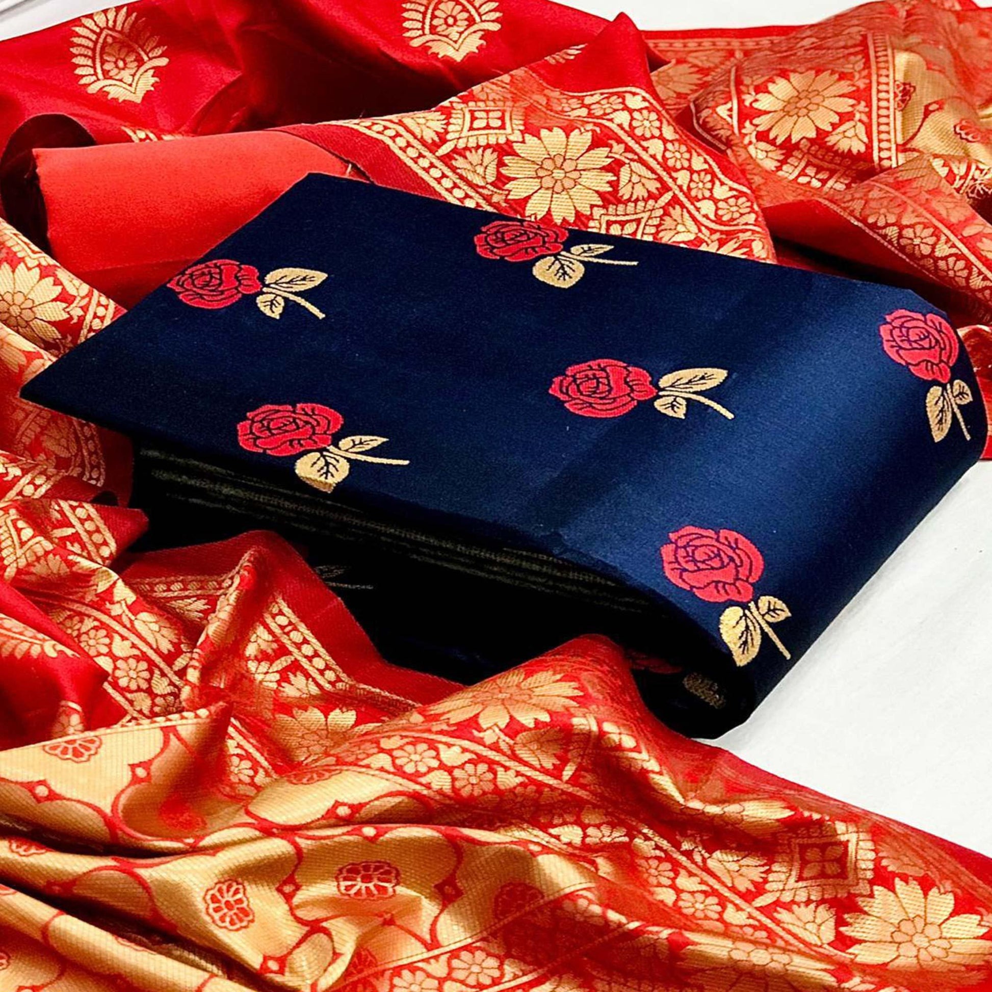 Intricate Navy Blue Colored Casual Woven Banarasi Silk Dress Material