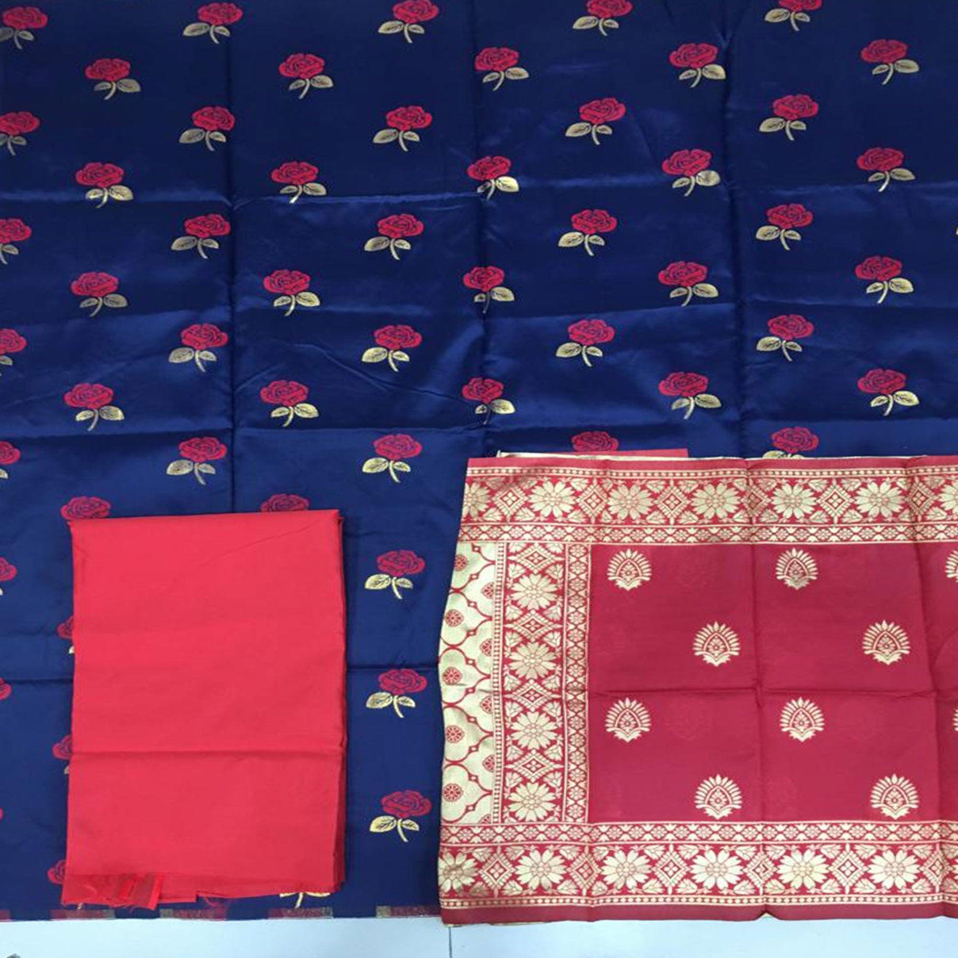 Intricate Navy Blue Colored Casual Woven Banarasi Silk Dress Material