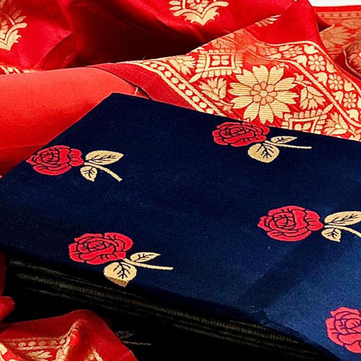 Intricate Navy Blue Colored Casual Woven Banarasi Silk Dress Material