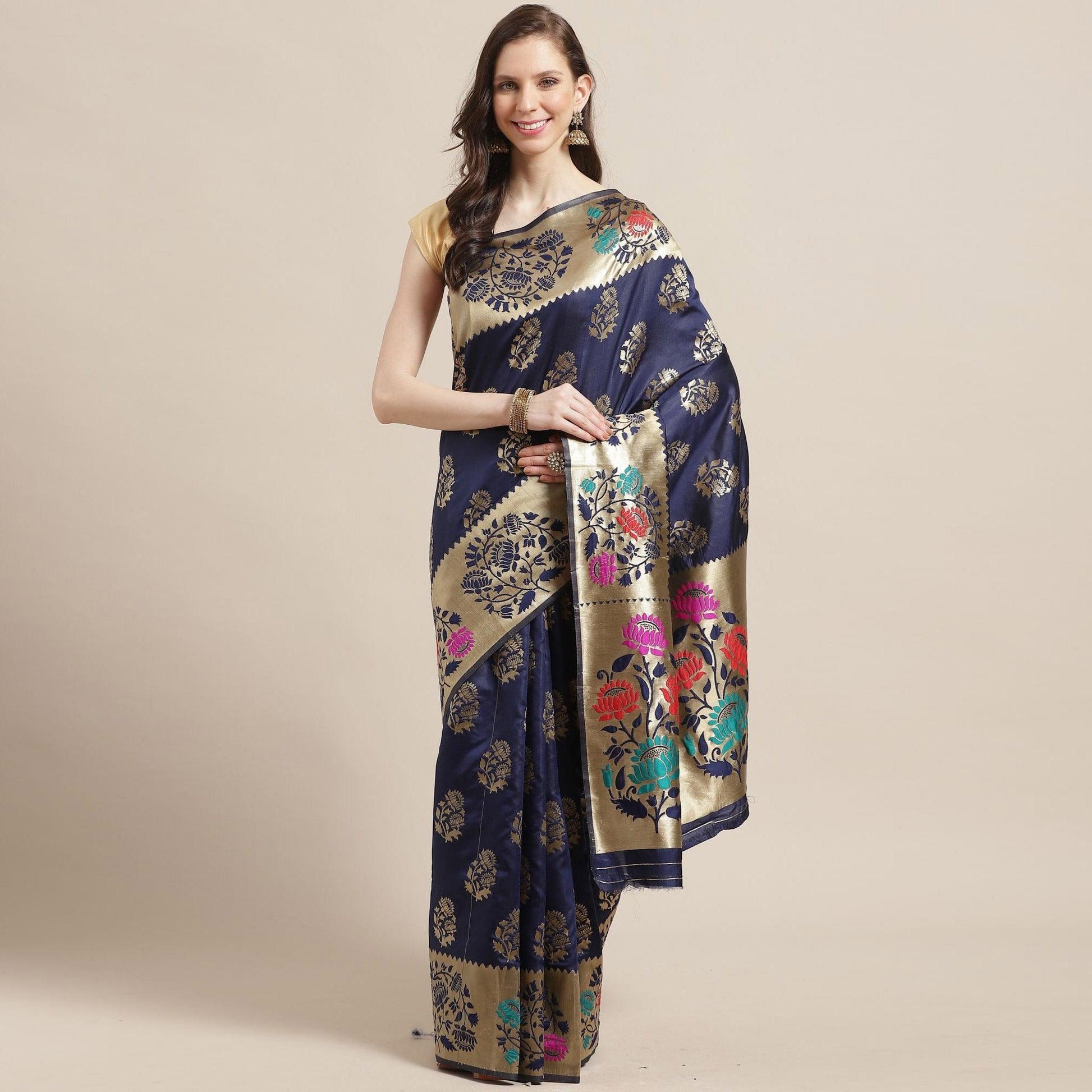 Intricate Navy Blue Colored Festive Wear Woven Silk Blend Saree