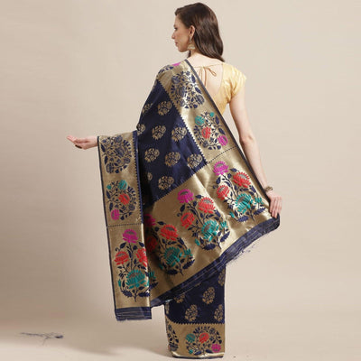 Intricate Navy Blue Colored Festive Wear Woven Silk Blend Saree