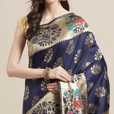 Intricate Navy Blue Colored Festive Wear Woven Silk Blend Saree