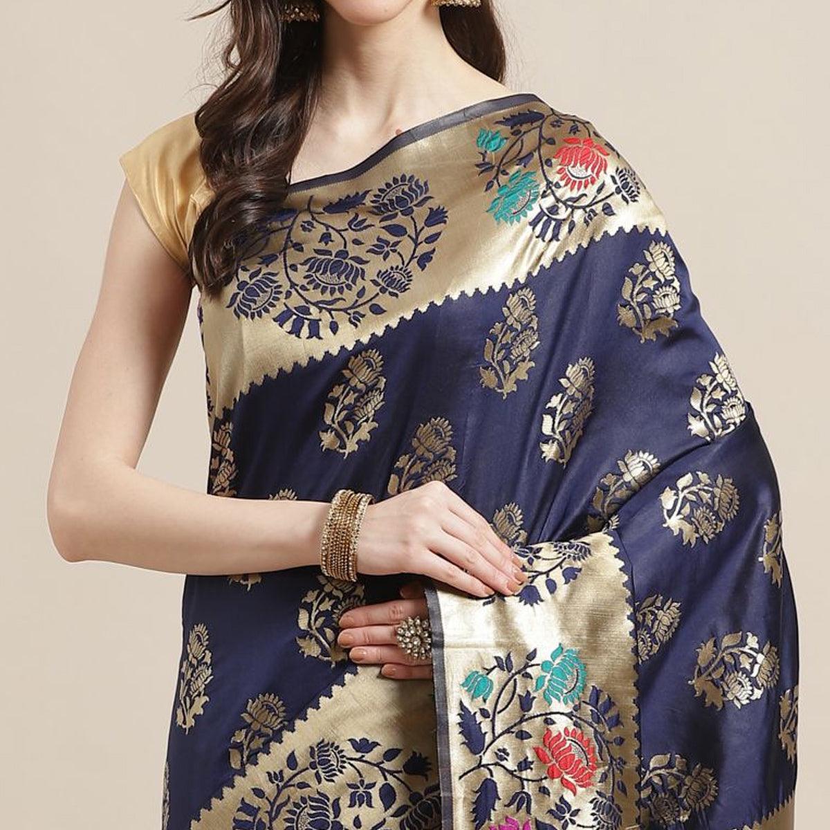 Intricate Navy Blue Colored Festive Wear Woven Silk Blend Saree