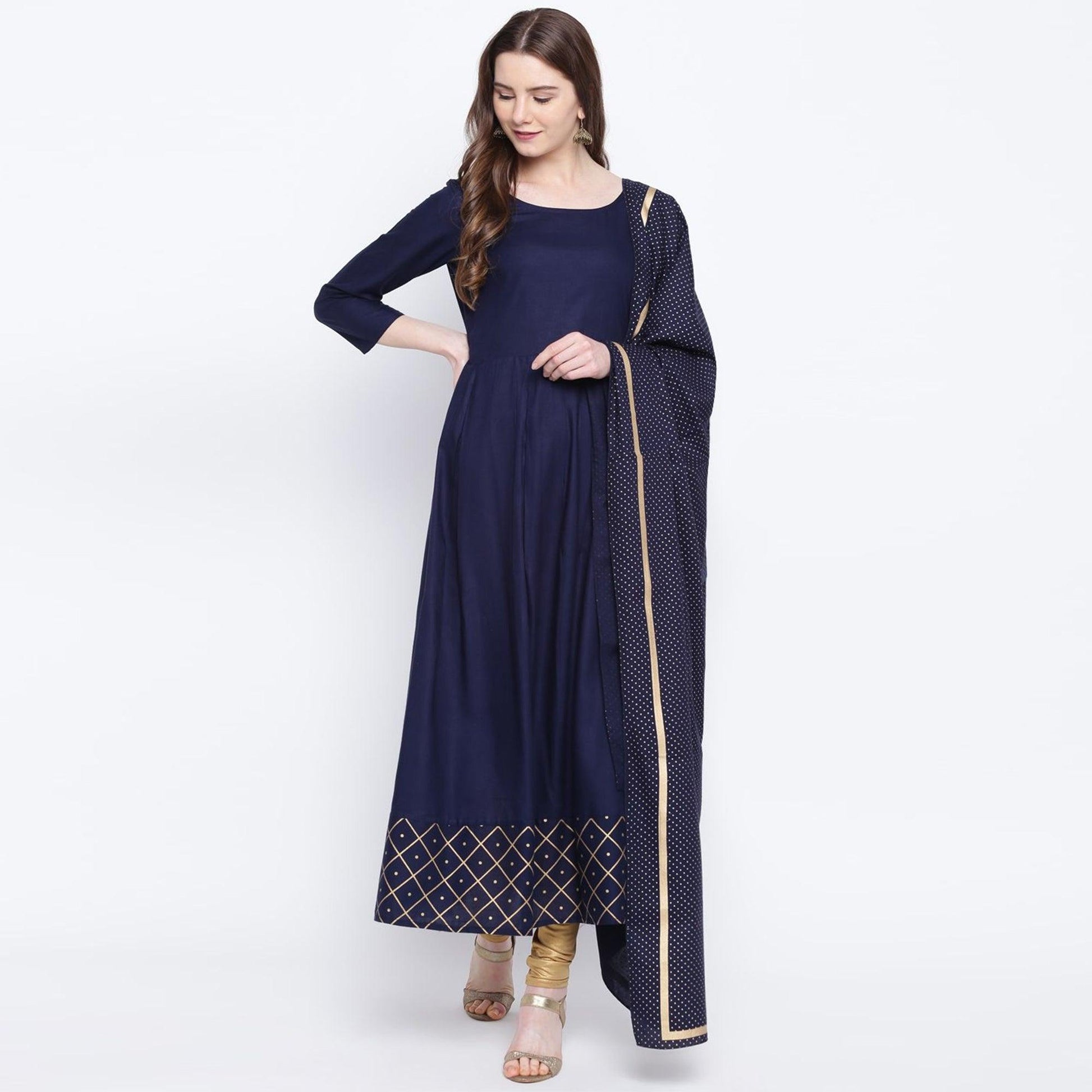 Intricate Navy Blue Colored Party Wear Printed Ankle Length Rayon Kurti With Dupatta