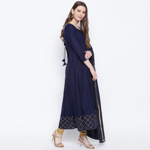 Intricate Navy Blue Colored Party Wear Printed Ankle Length Rayon Kurti With Dupatta