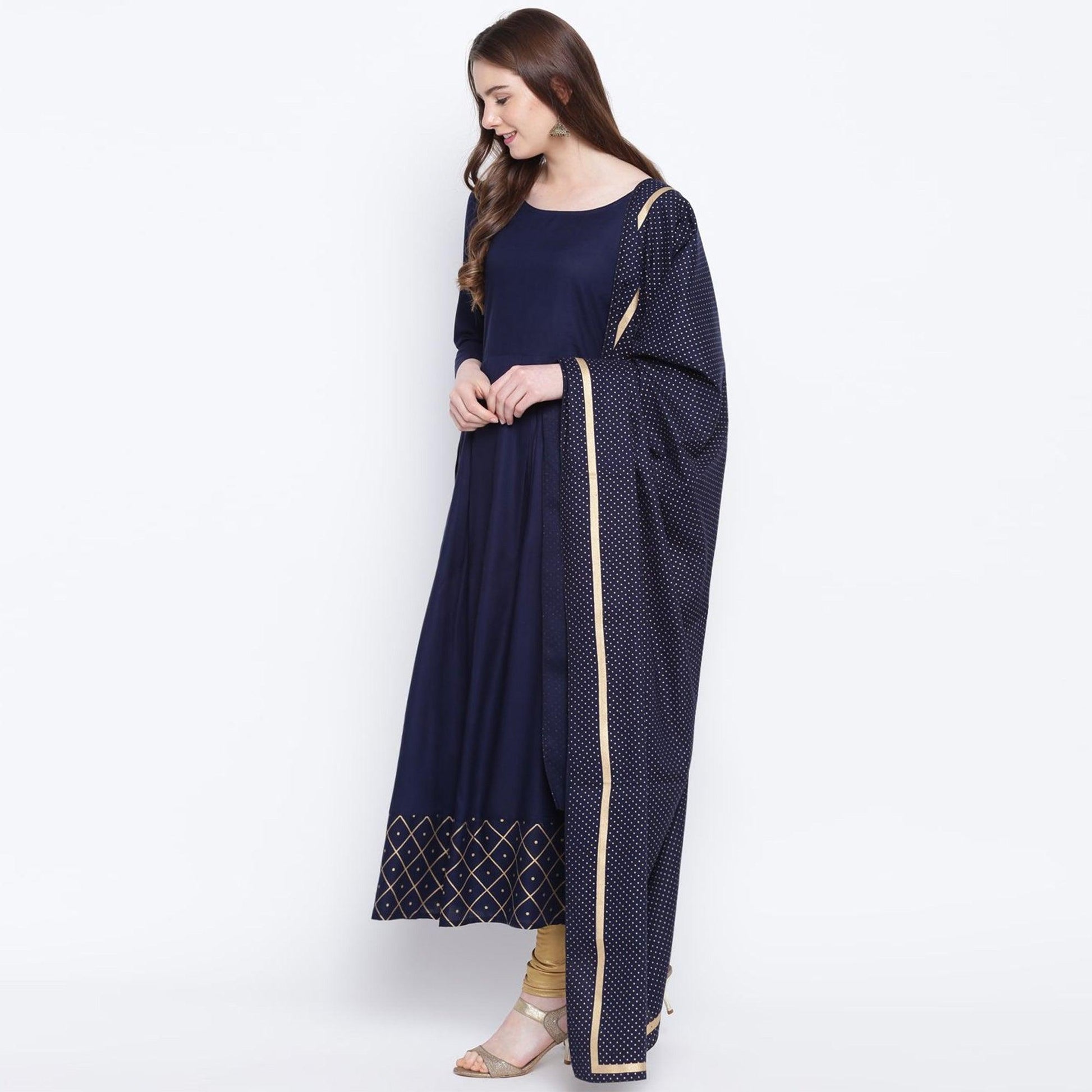 Intricate Navy Blue Colored Party Wear Printed Ankle Length Rayon Kurti With Dupatta