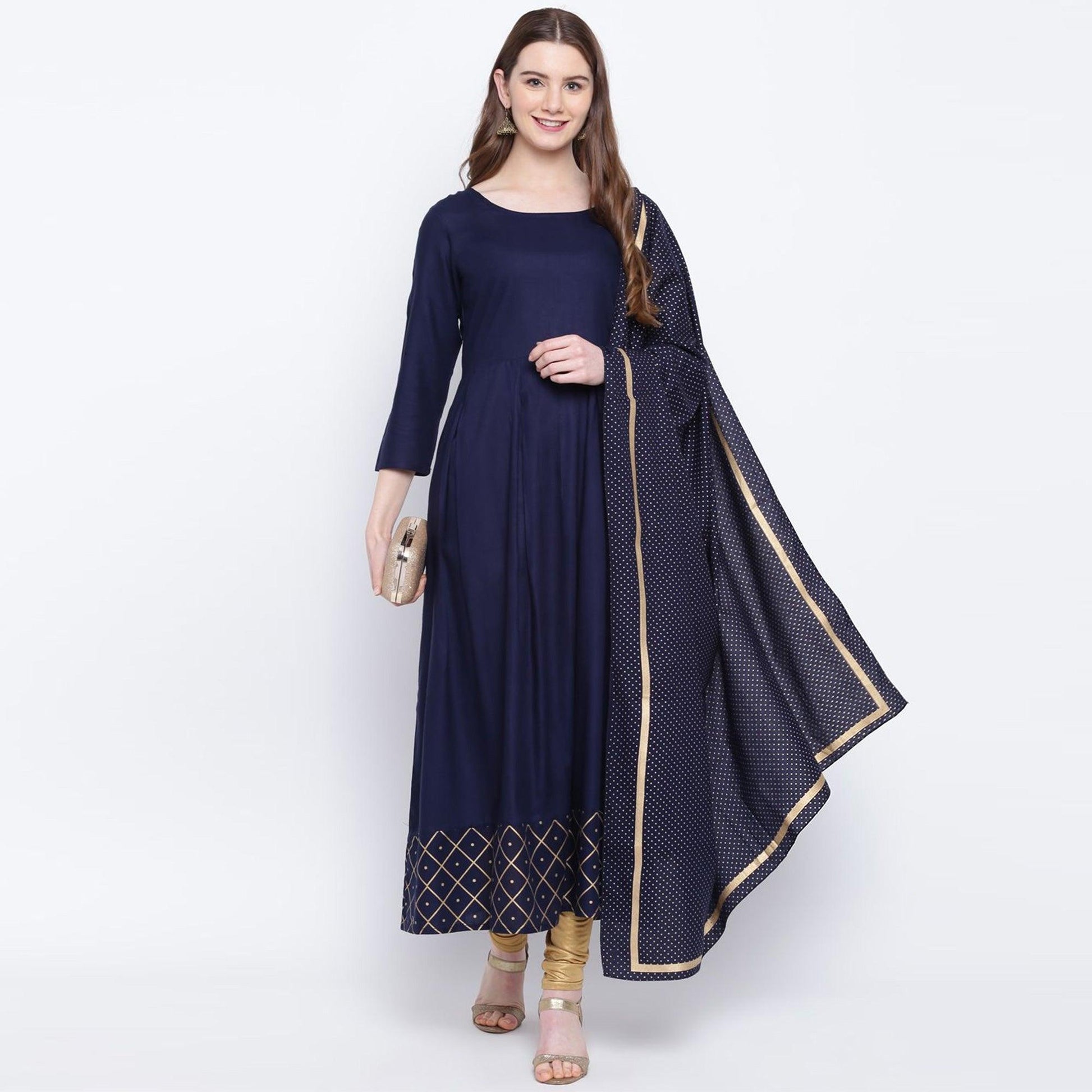 Intricate Navy Blue Colored Party Wear Printed Ankle Length Rayon Kurti With Dupatta
