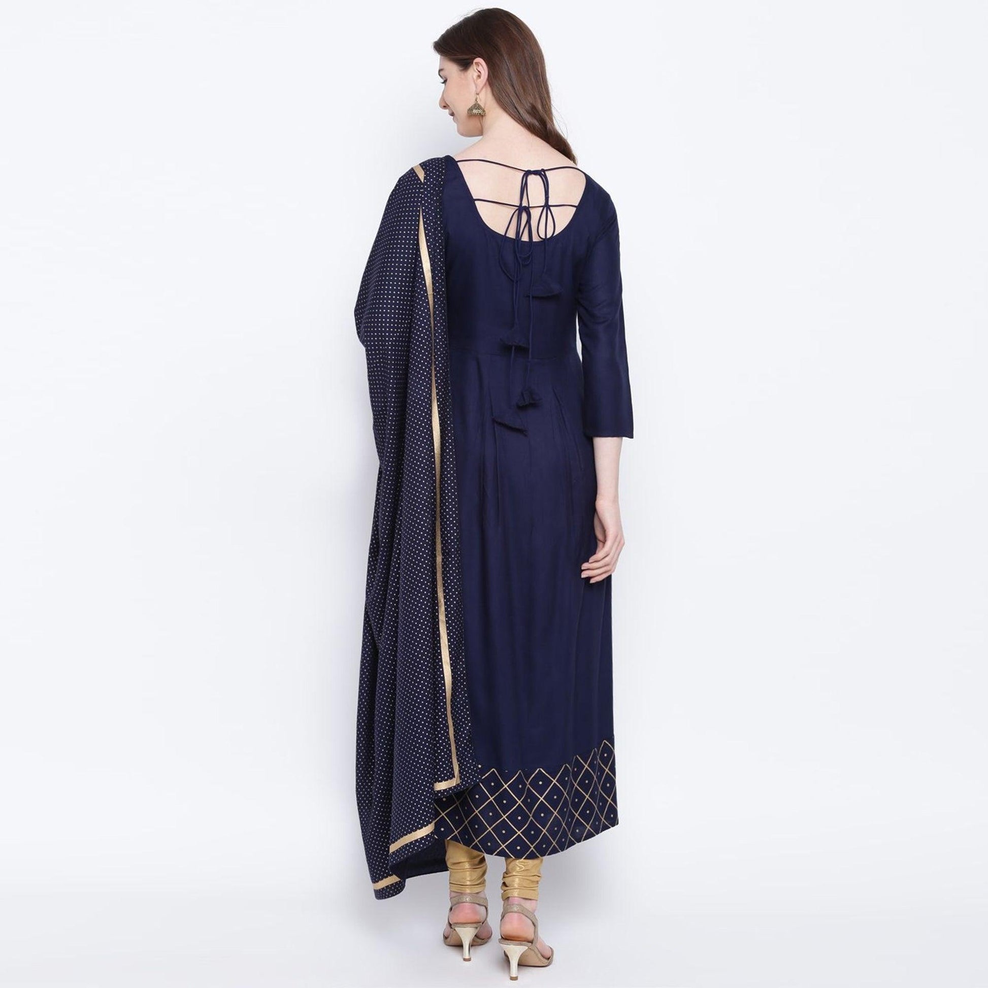 Intricate Navy Blue Colored Party Wear Printed Ankle Length Rayon Kurti With Dupatta