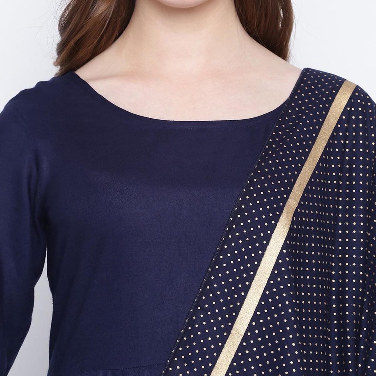 Intricate Navy Blue Colored Party Wear Printed Ankle Length Rayon Kurti With Dupatta