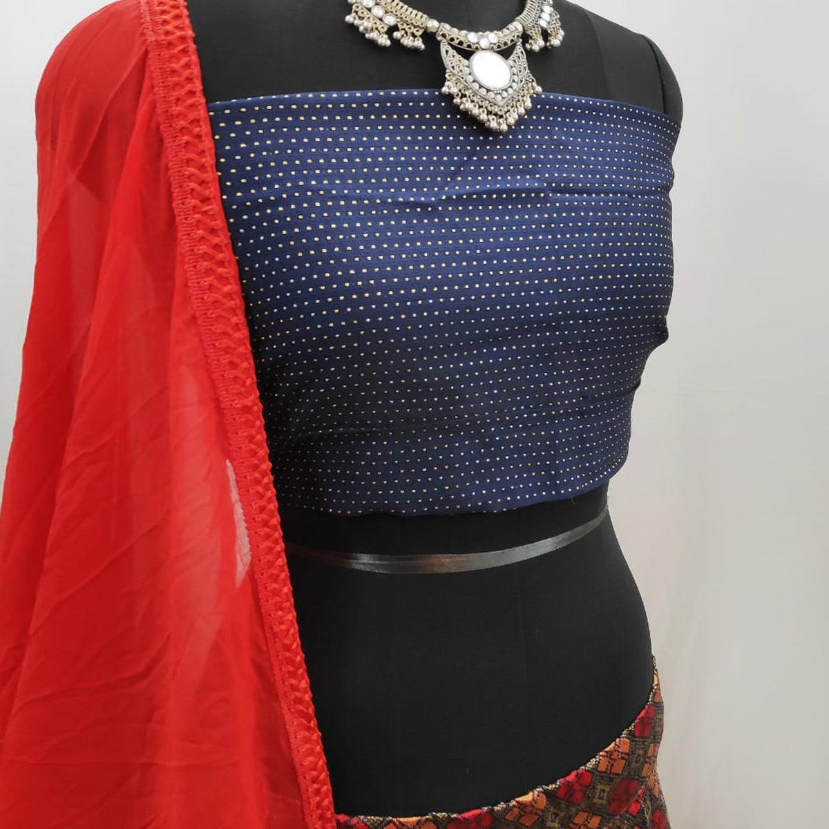 Intricate Navy Blue Colored Party Wear Printed Banarasi Silk Lehenga Choli