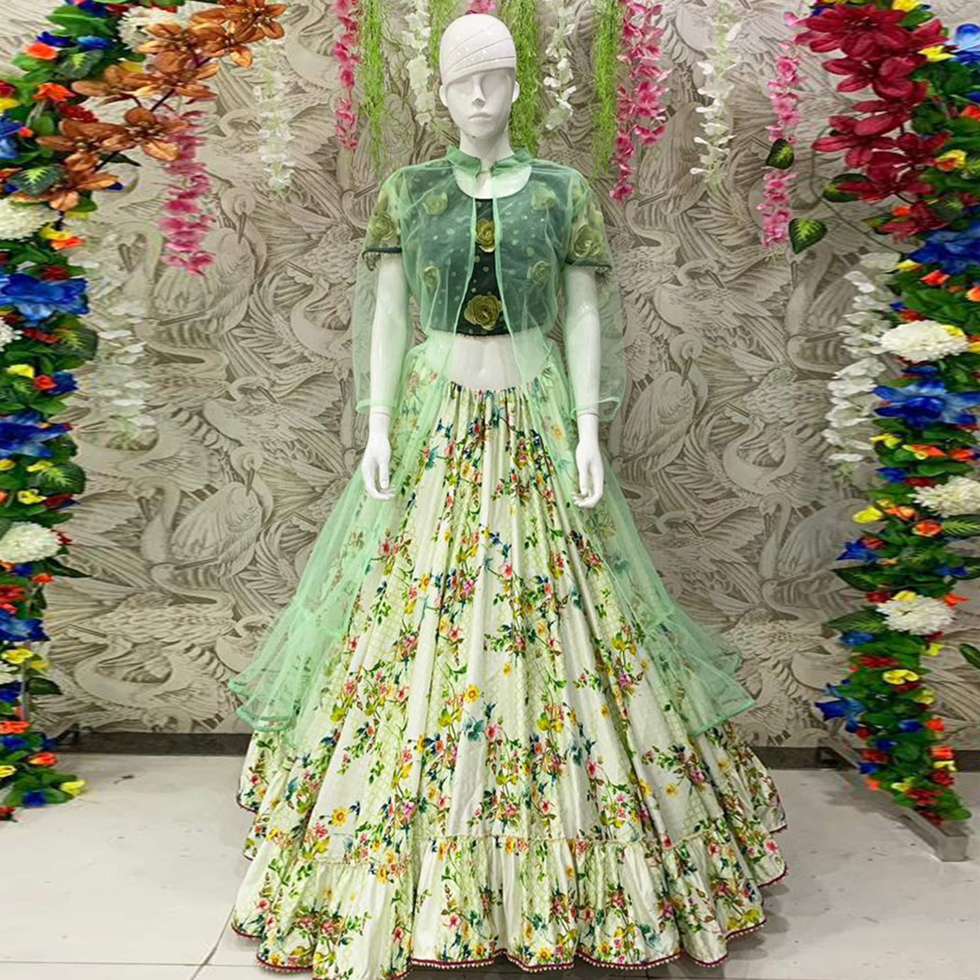 Intricate Off White Coloured Partywear Embroidered Dual Satin Lehenga Choli