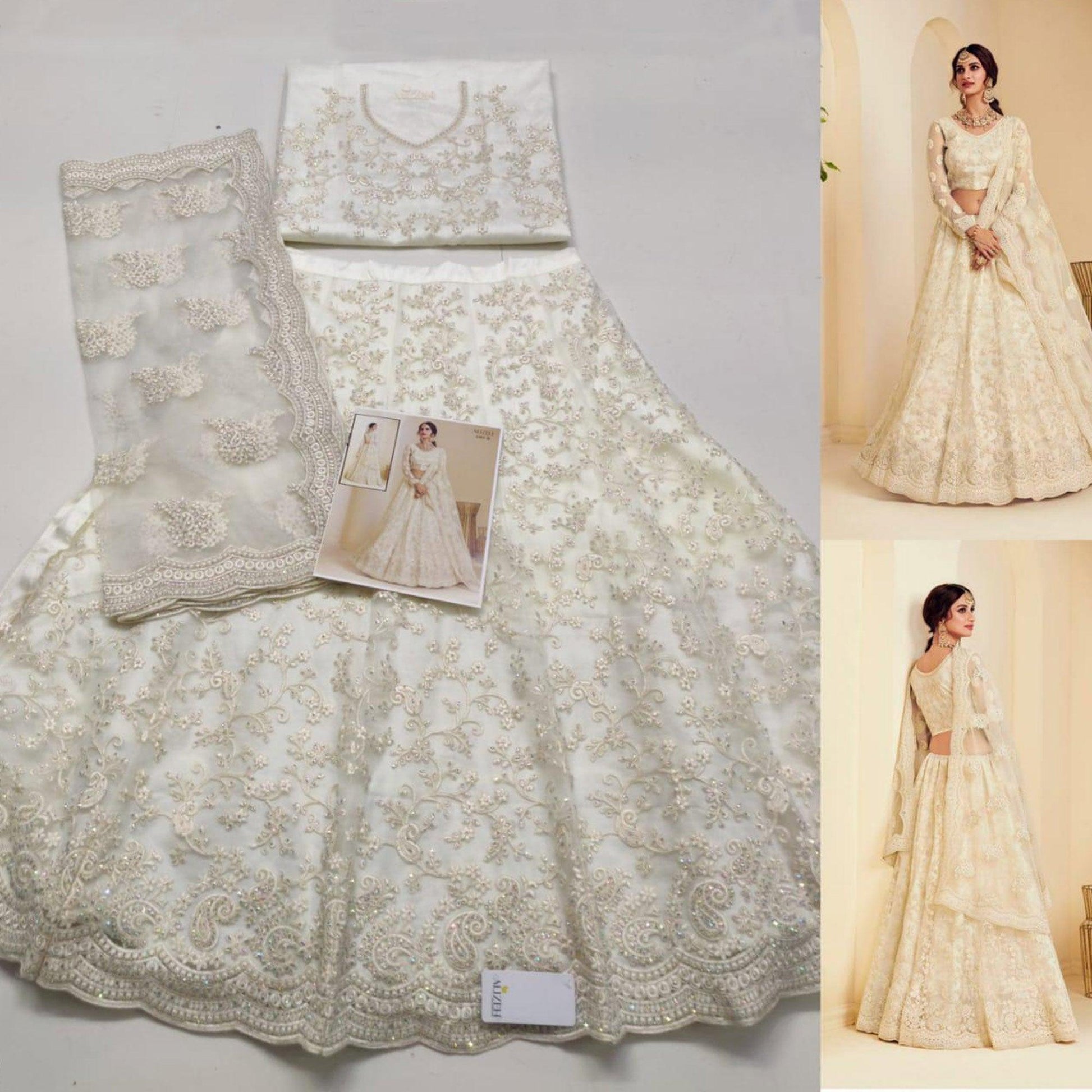 Intricate Off White Coloured Wedding Wear Cording Embroidered Net Lehenga Choli