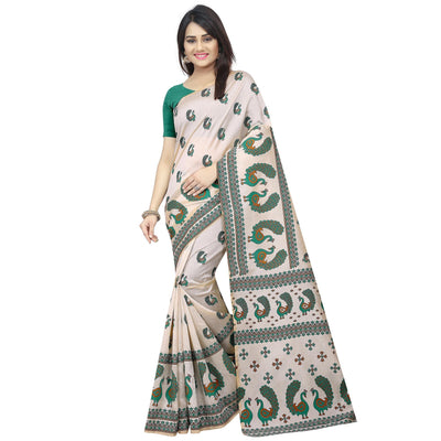 Intricate Off White-Green Colored Casual Printed Bhagalpuri Silk Saree