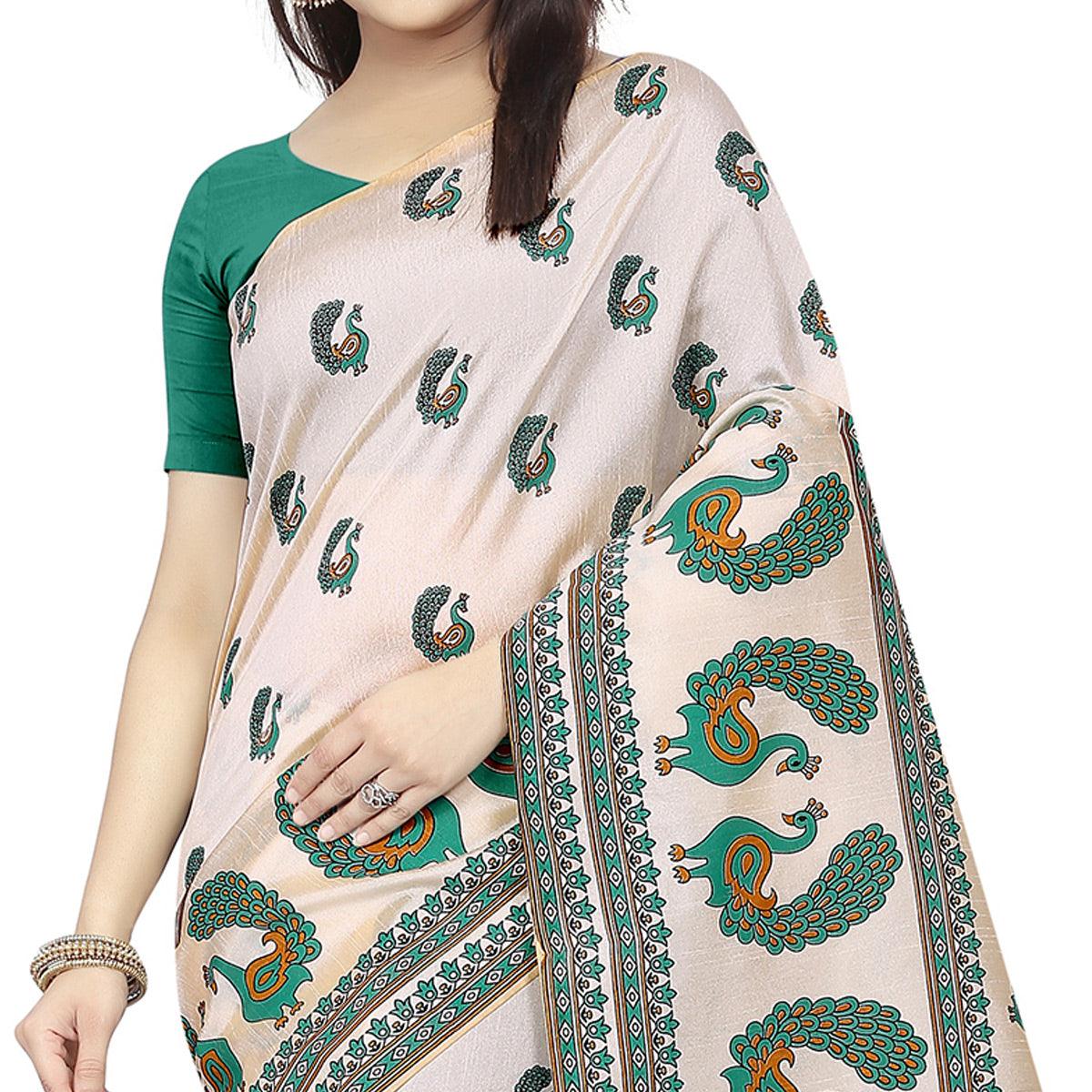Intricate Off White-Green Colored Casual Printed Bhagalpuri Silk Saree