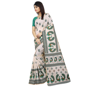 Intricate Off White-Green Colored Casual Printed Bhagalpuri Silk Saree