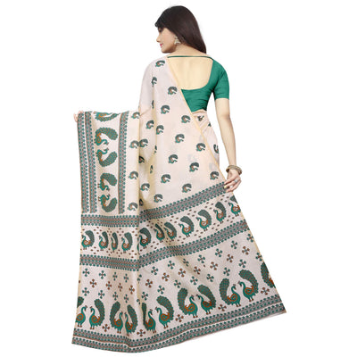 Intricate Off White-Green Colored Casual Printed Bhagalpuri Silk Saree