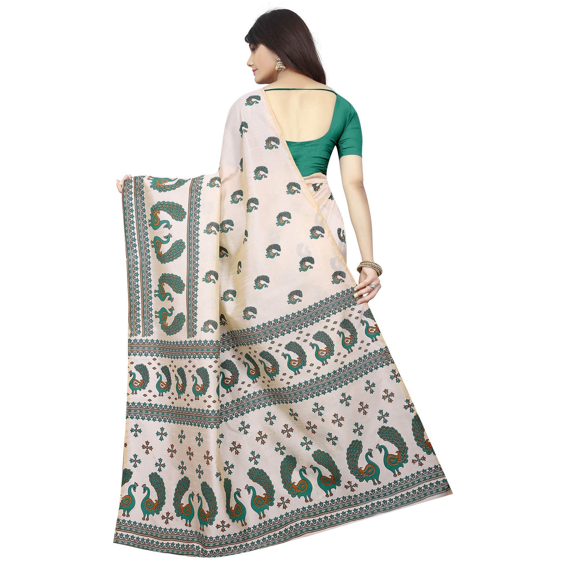 Intricate Off White-Green Colored Casual Printed Bhagalpuri Silk Saree