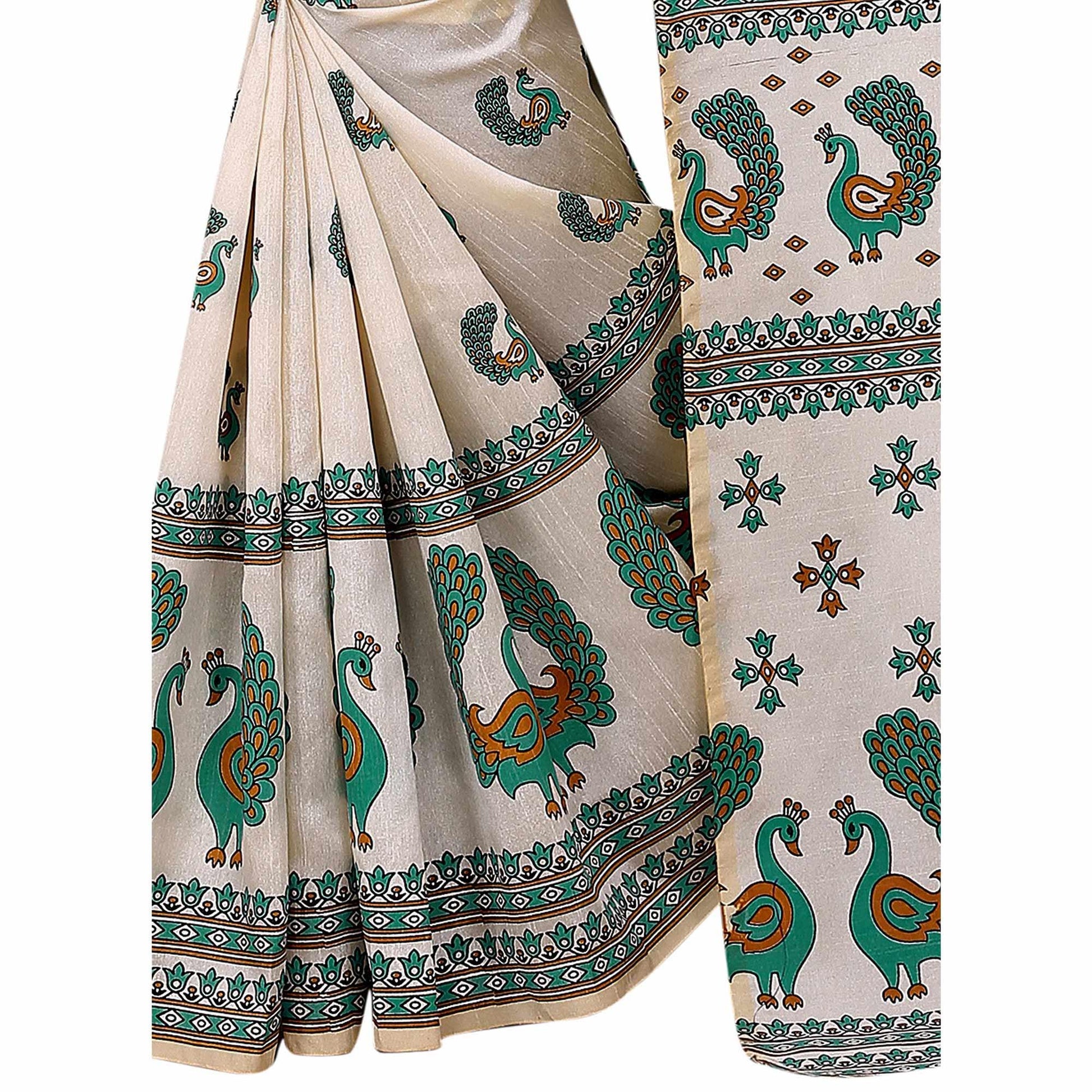 Intricate Off White-Green Colored Casual Printed Bhagalpuri Silk Saree
