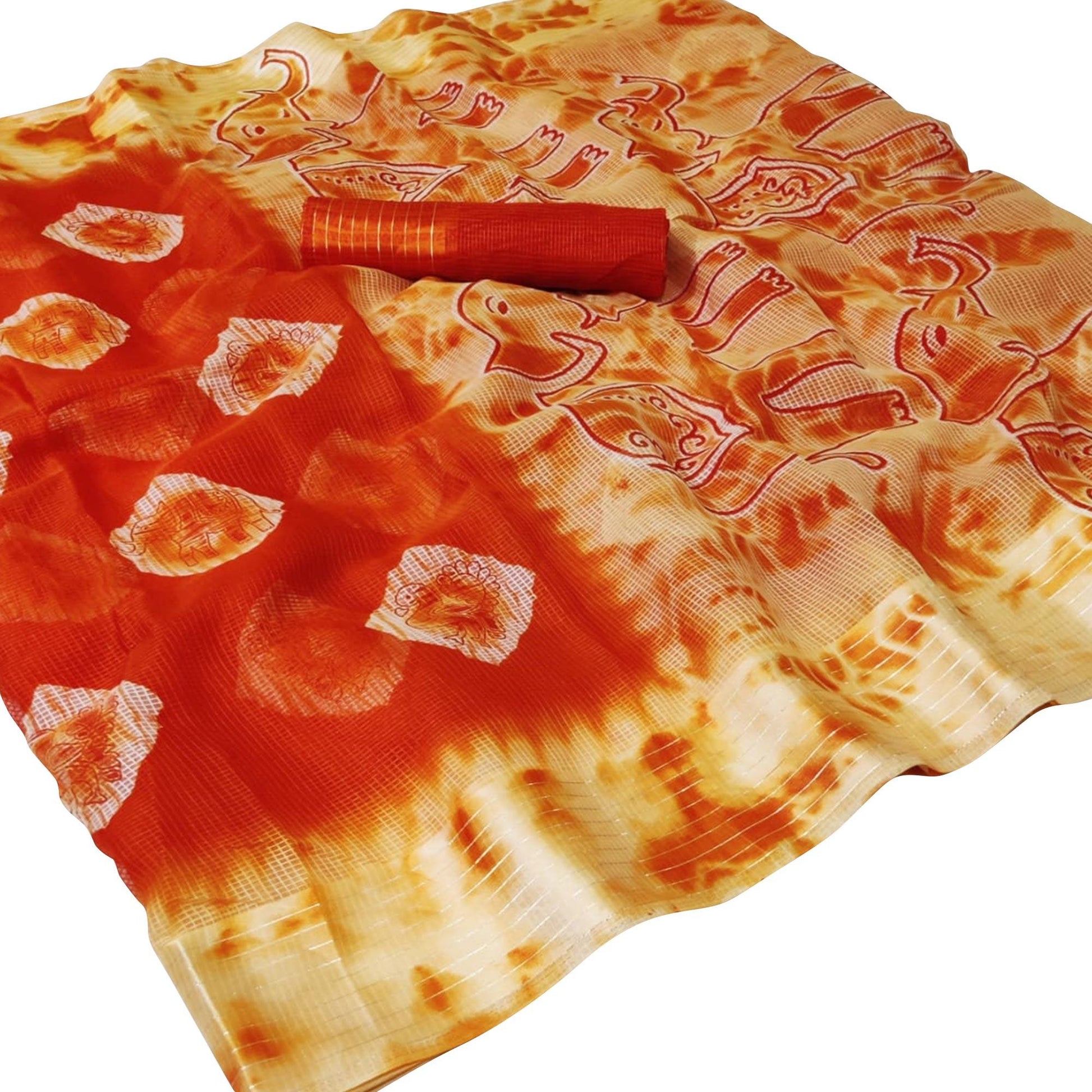 Intricate Orange Colored Casual Wear Printed Silk Saree