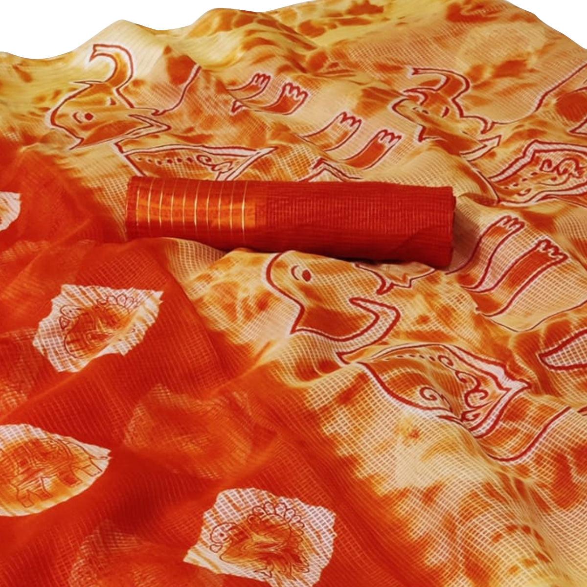 Intricate Orange Colored Casual Wear Printed Silk Saree