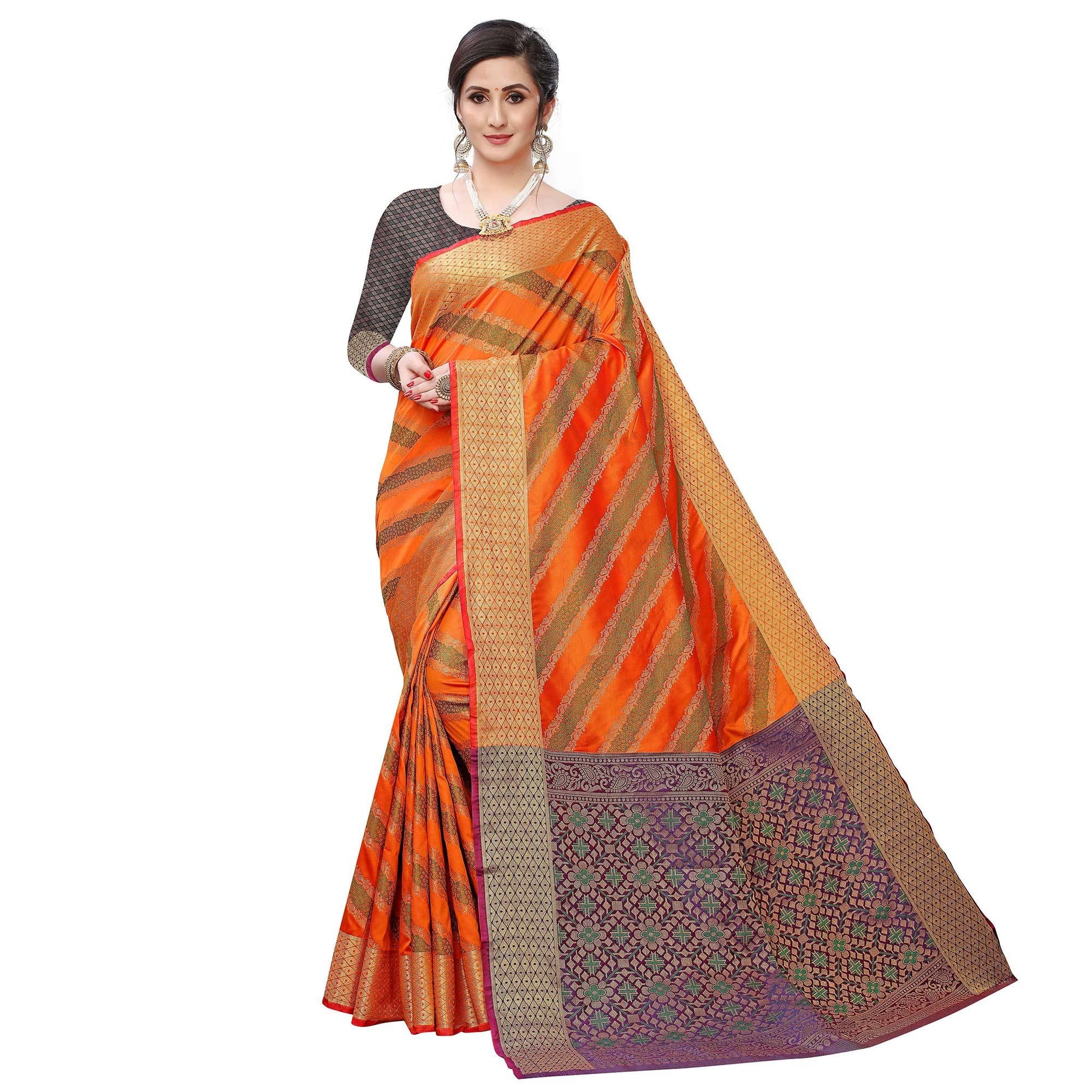 Intricate Orange Colored Festive Wear Woven Art Silk Saree