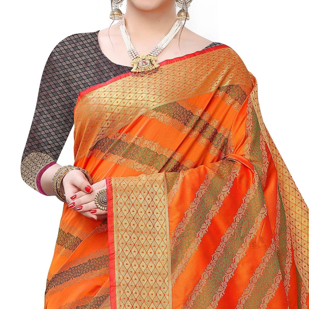 Intricate Orange Colored Festive Wear Woven Art Silk Saree