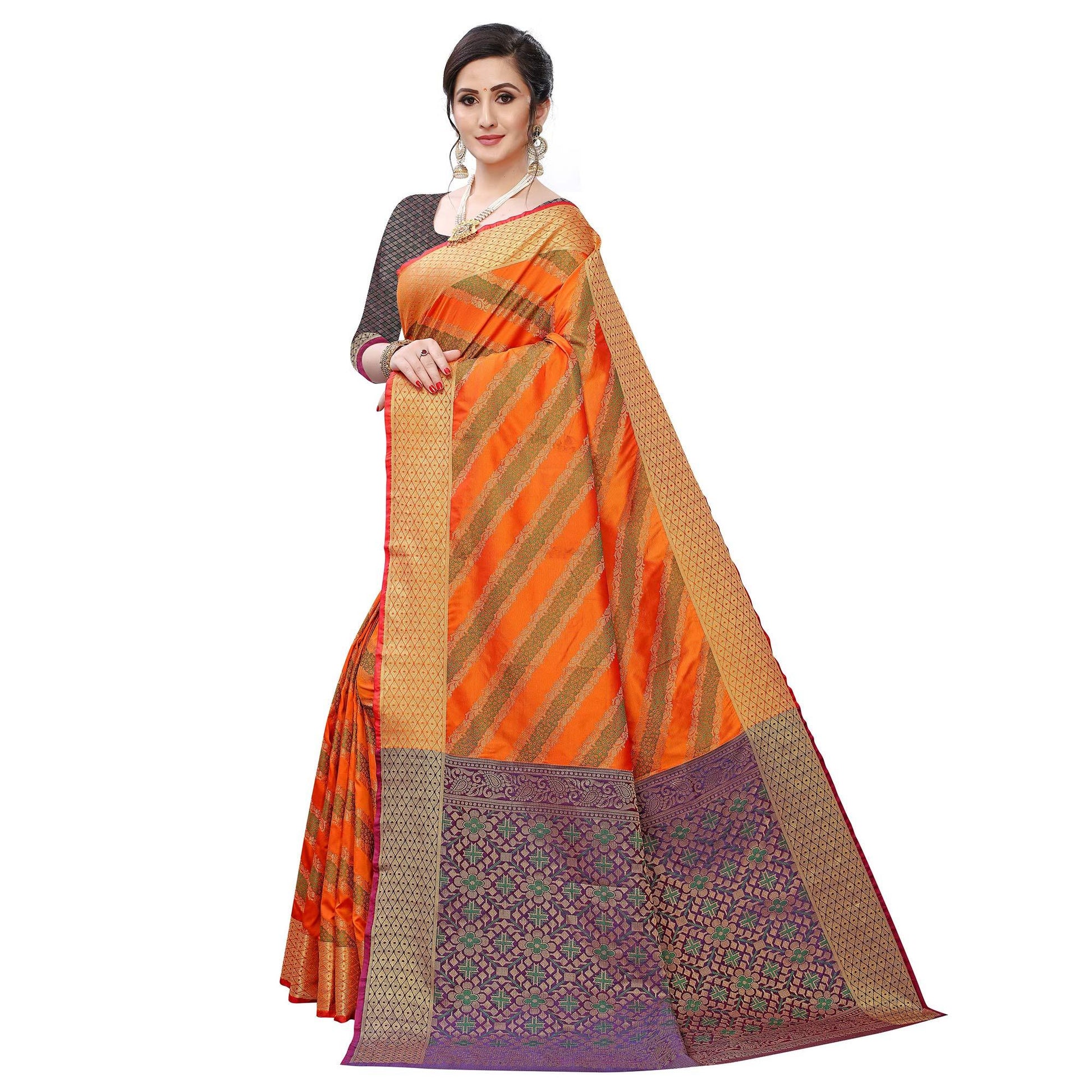 Intricate Orange Colored Festive Wear Woven Art Silk Saree
