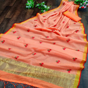 Intricate Orange Colored Festive Wear Woven Silk Saree