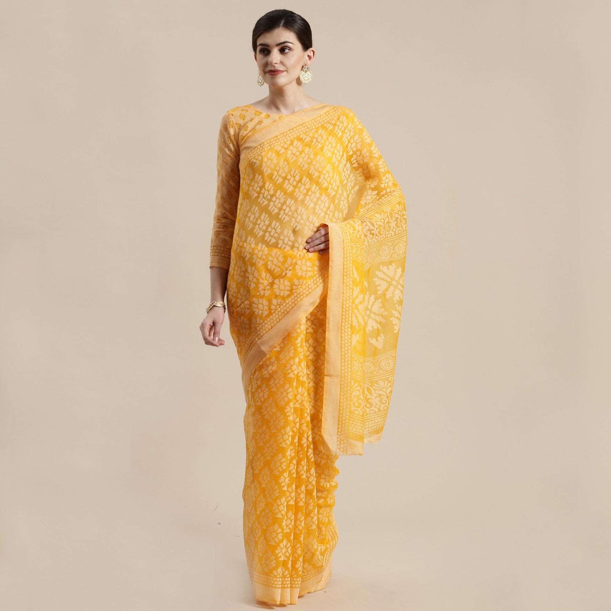 Intricate Orange Colored Party Wear Geometric Brasso Saree