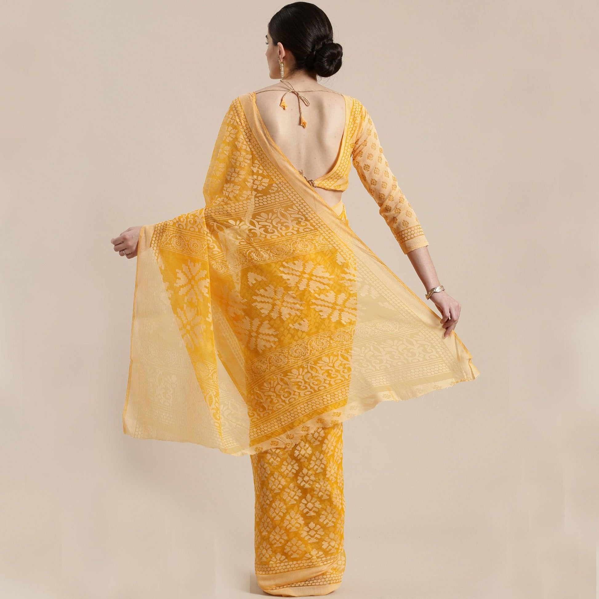 Intricate Orange Colored Party Wear Geometric Brasso Saree