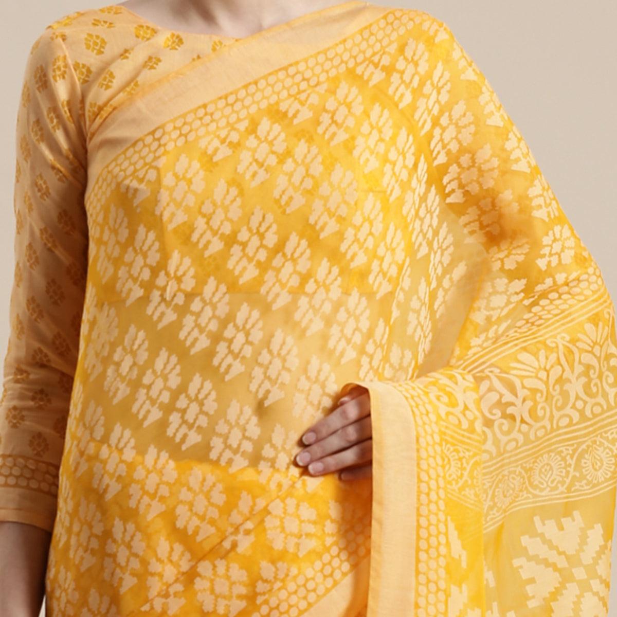 Intricate Orange Colored Party Wear Geometric Brasso Saree
