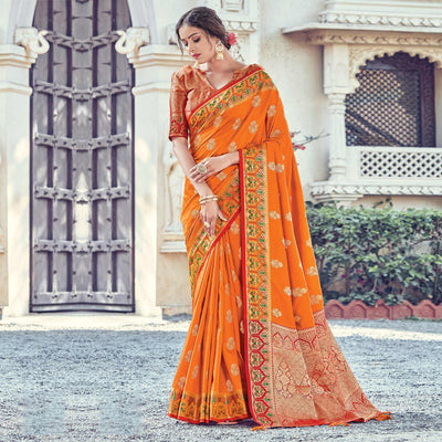 Intricate Orange Coloured Festive Wear Woven Silk Saree