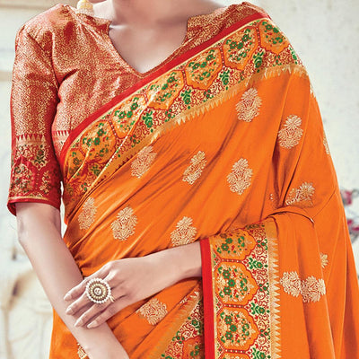 Intricate Orange Coloured Festive Wear Woven Silk Saree