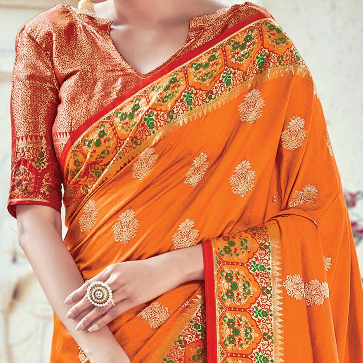 Intricate Orange Coloured Festive Wear Woven Silk Saree