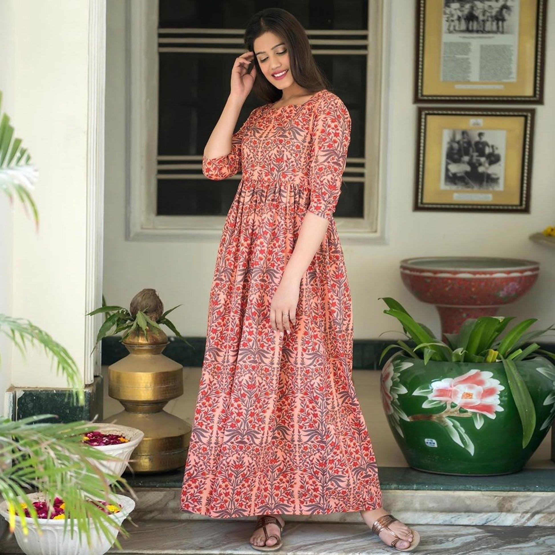 Intricate Peach Colored Casual Printed Muslin Blend Gown