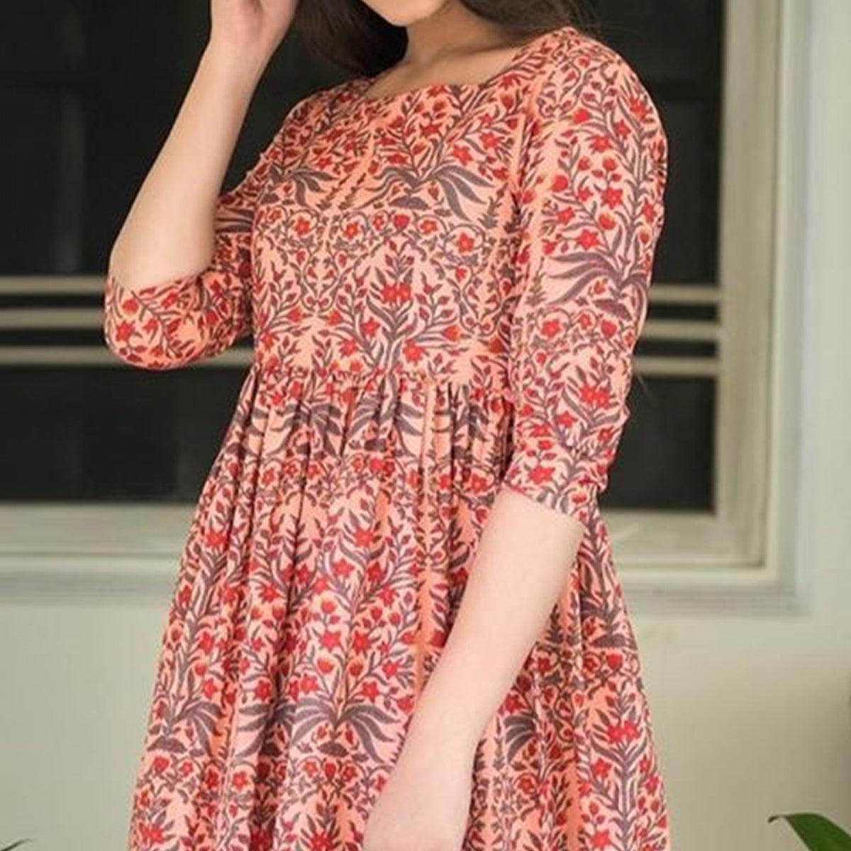 Intricate Peach Colored Casual Printed Muslin Blend Gown