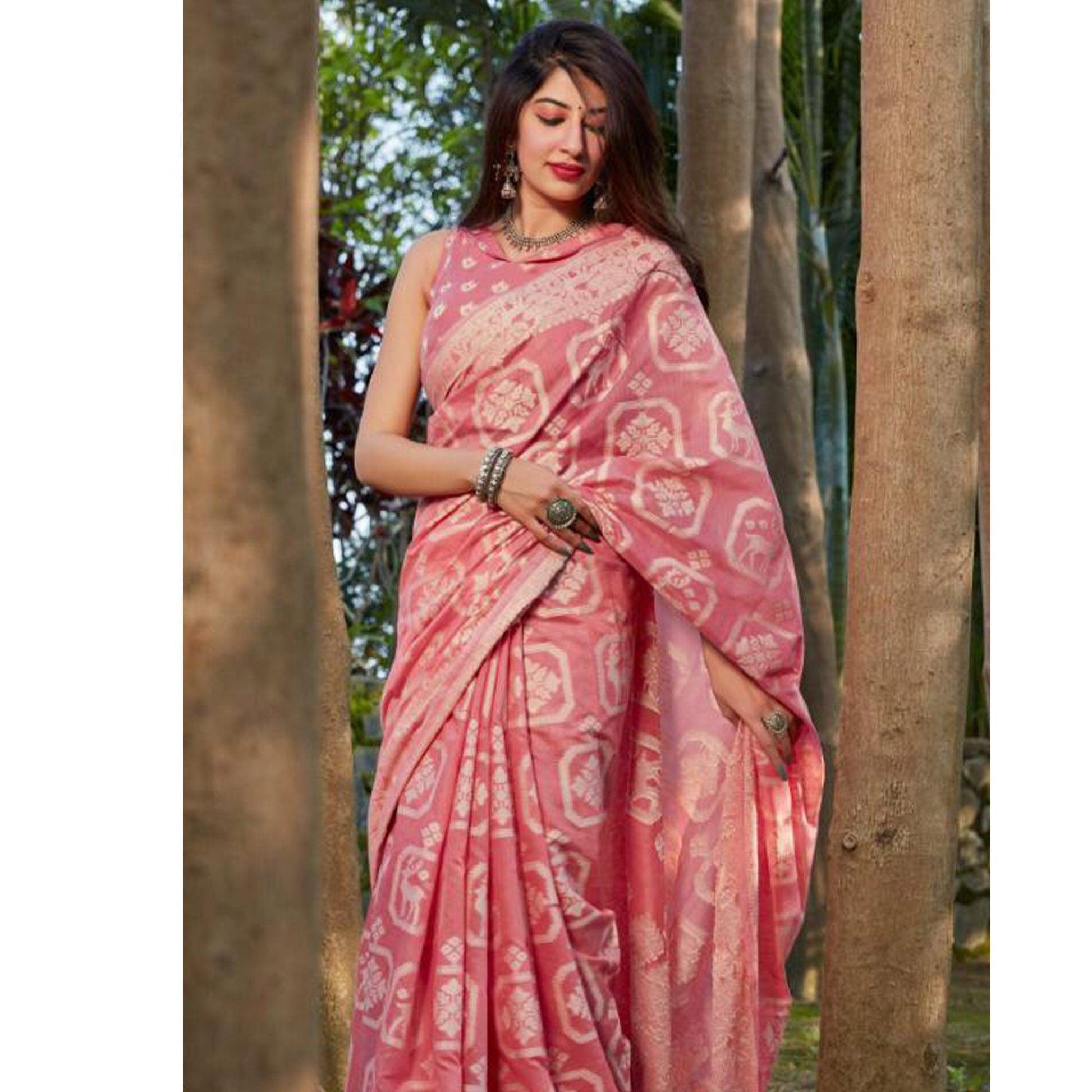 Intricate Peach Coloured Casual Wear Printed Cotton Silk