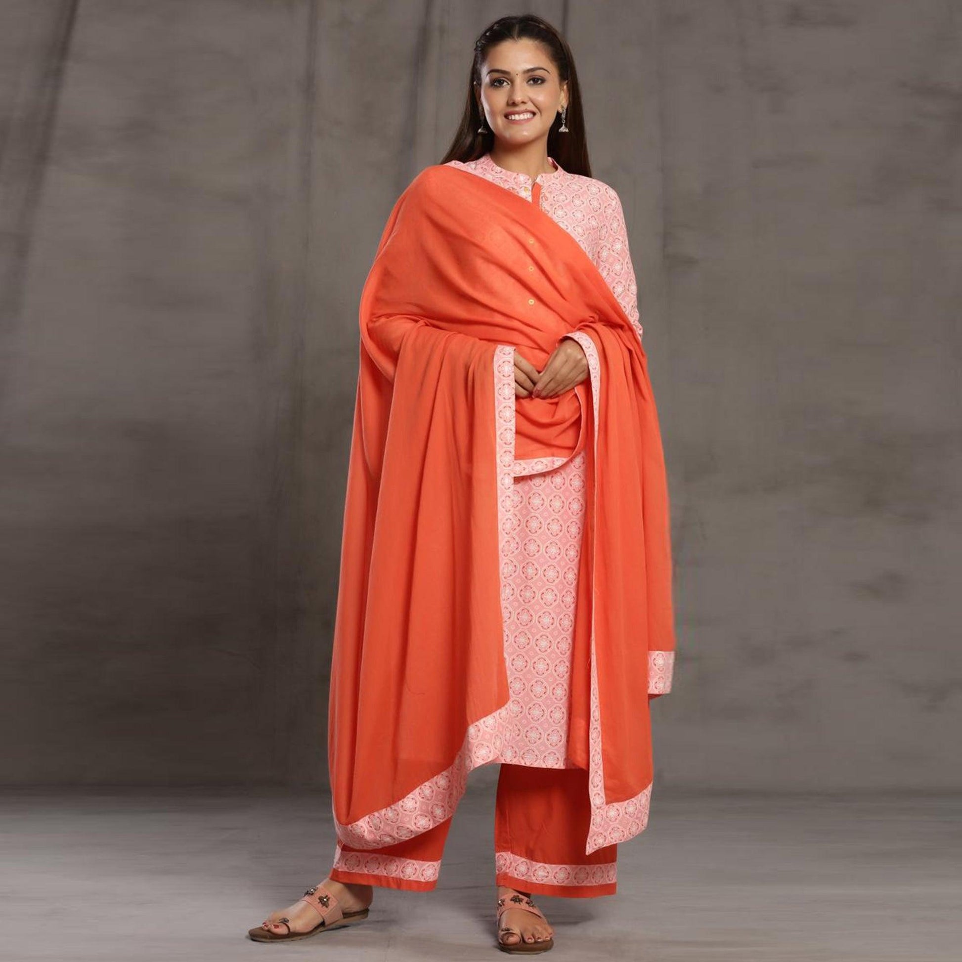 Intricate Pink Colored Casual Wear Cotton Kurti - Palazzo Set With Dupatta