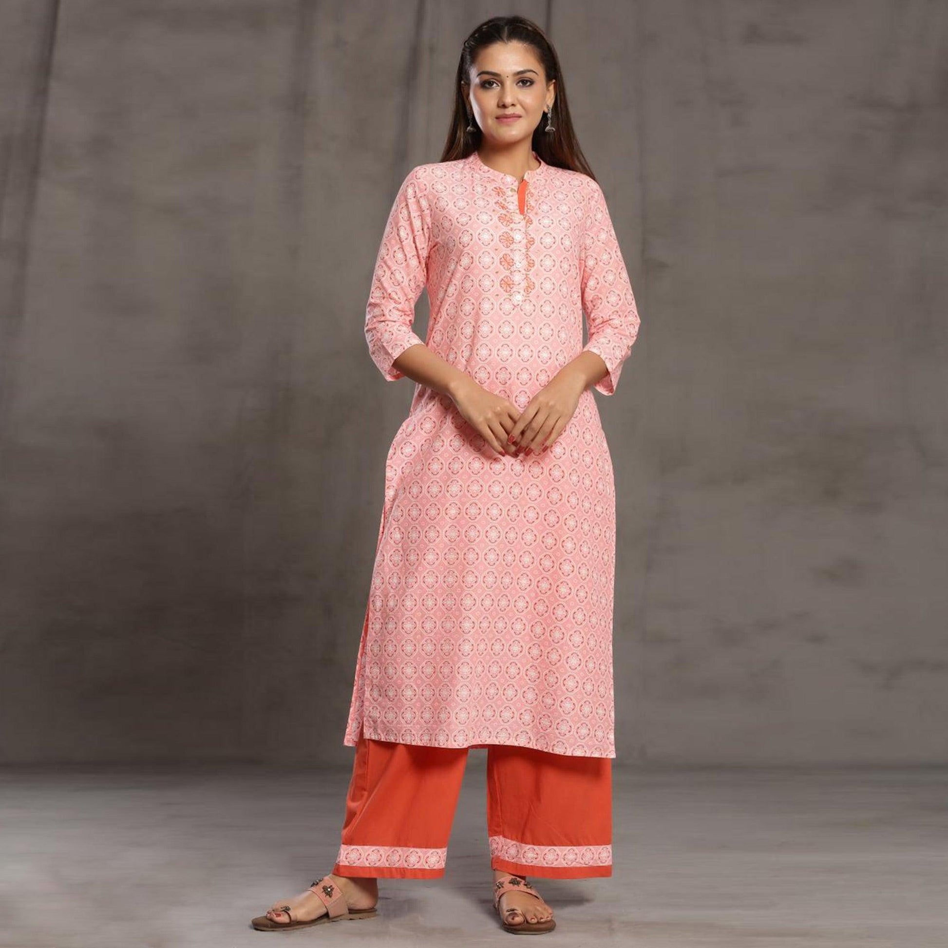 Intricate Pink Colored Casual Wear Cotton Kurti - Palazzo Set With Dupatta
