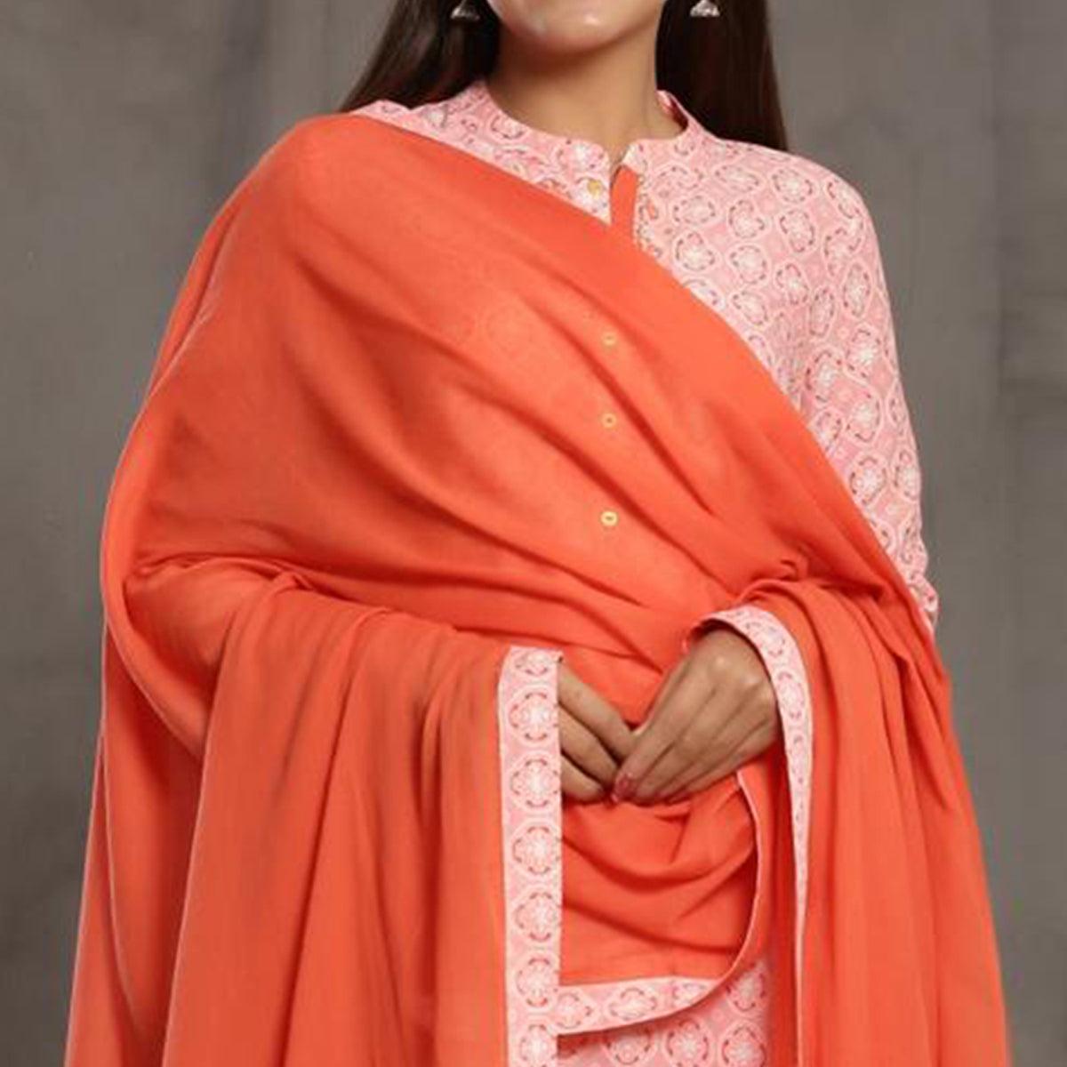 Intricate Pink Colored Casual Wear Cotton Kurti - Palazzo Set With Dupatta