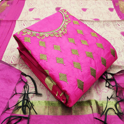 Intricate Pink Colored Casual Wear Embroidered Cotton Dress Material