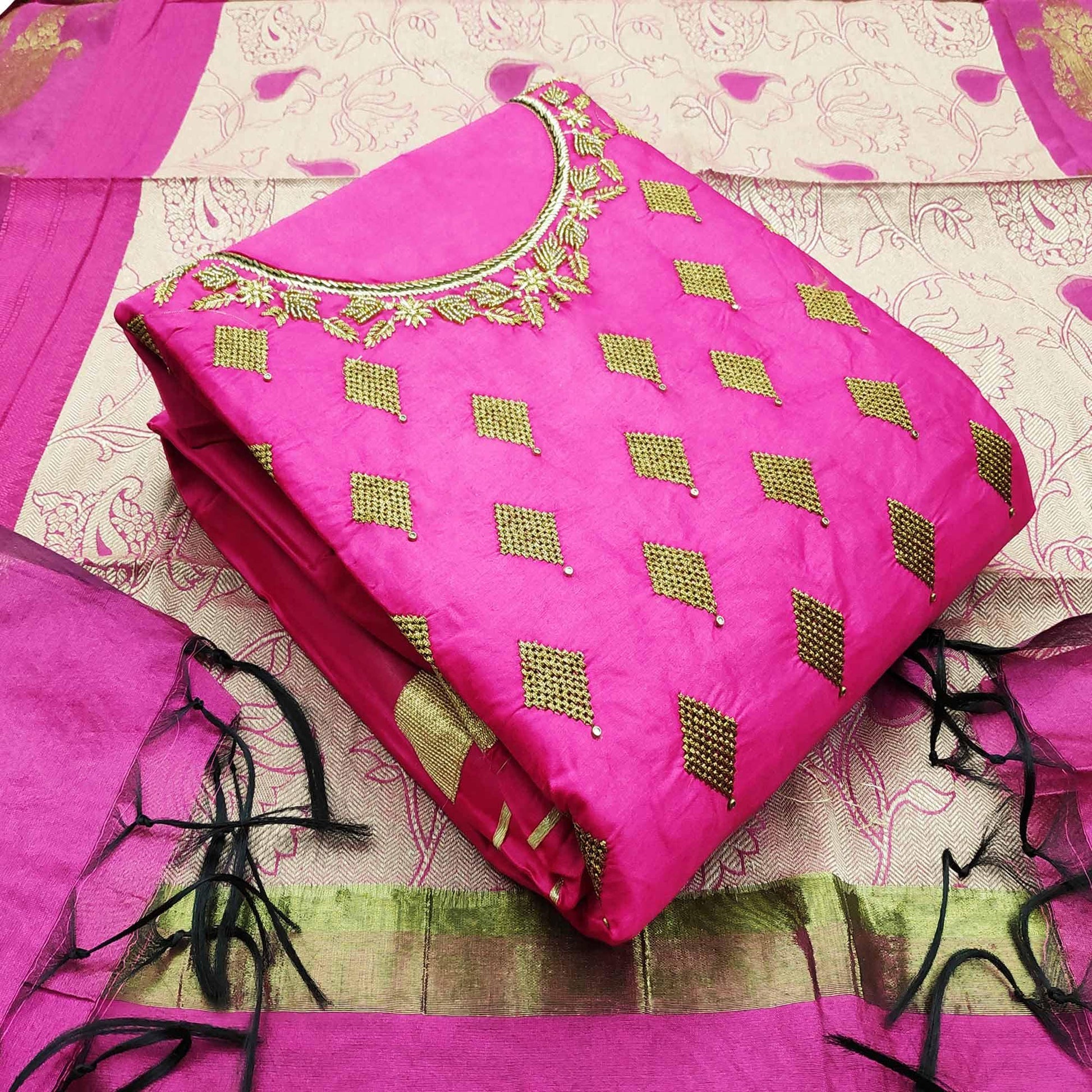 Intricate Pink Colored Casual Wear Embroidered Cotton Dress Material