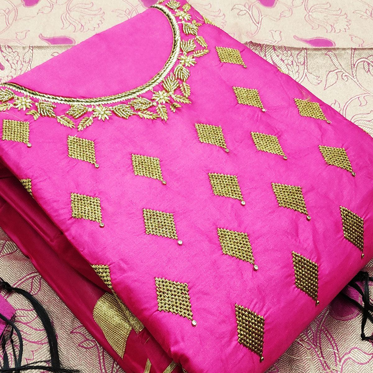 Intricate Pink Colored Casual Wear Embroidered Cotton Dress Material