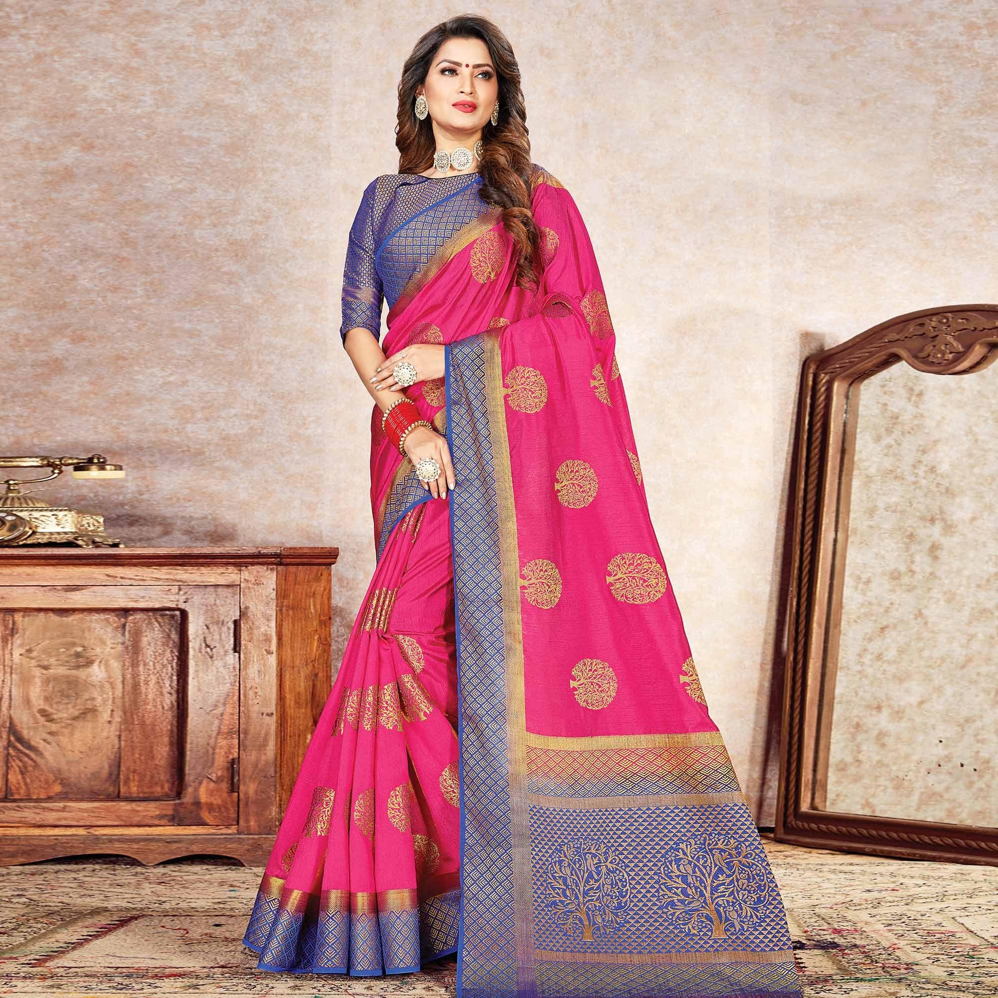 Intricate Pink Colored Festive Wear Woven Cotton Silk Saree
