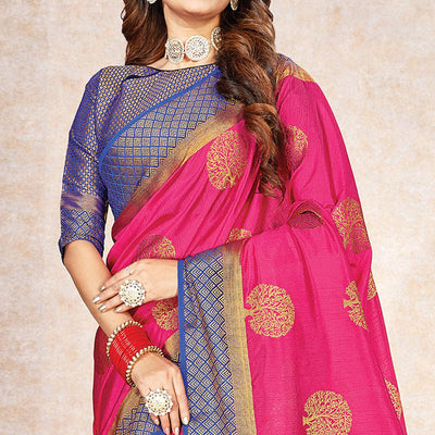 Intricate Pink Colored Festive Wear Woven Cotton Silk Saree
