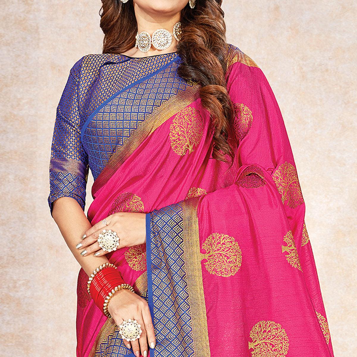 Intricate Pink Colored Festive Wear Woven Cotton Silk Saree
