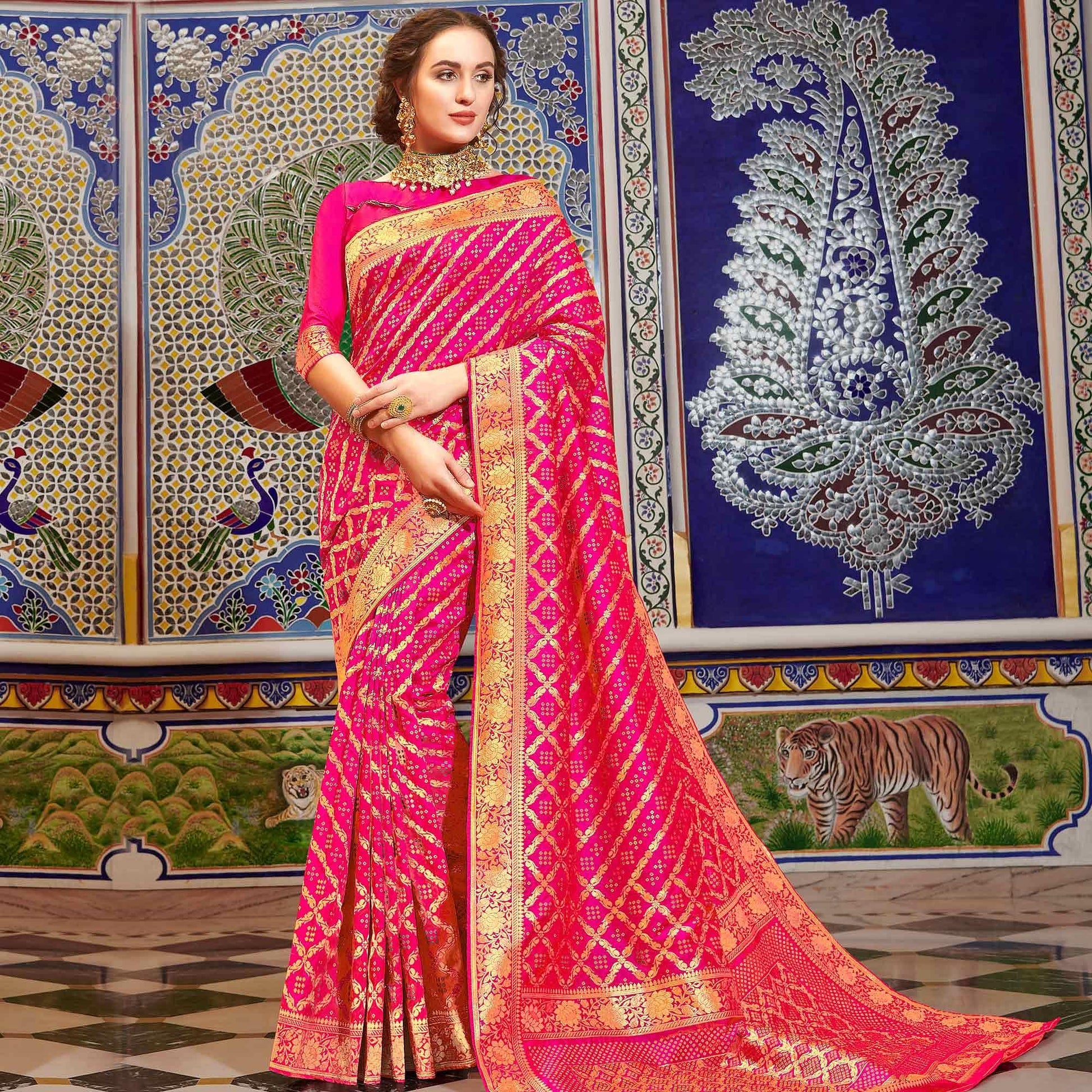 Intricate Pink Colored Festive Wear Woven Handloom Silk Saree