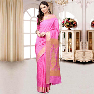 Intricate Pink Colored Festive Wear Woven Silk Blend Saree